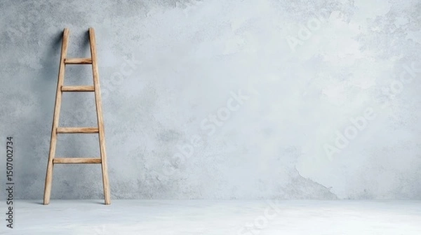 Fototapeta A simple yet impactful image of a wooden ladder positioned against a lightly textured wall, signifying progress, aspiration, and the journey towards achieving goals.