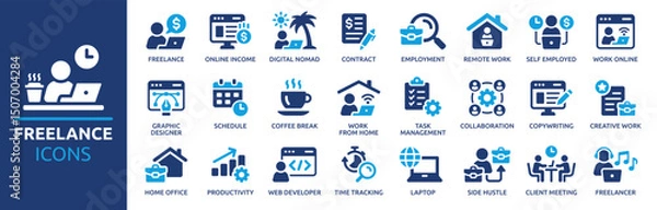 Fototapeta Freelance icon set. Containing work online, remote work, freelancer, laptop, home office, client meeting, self-employed, graphic designer and more. Solid vector icons collection.