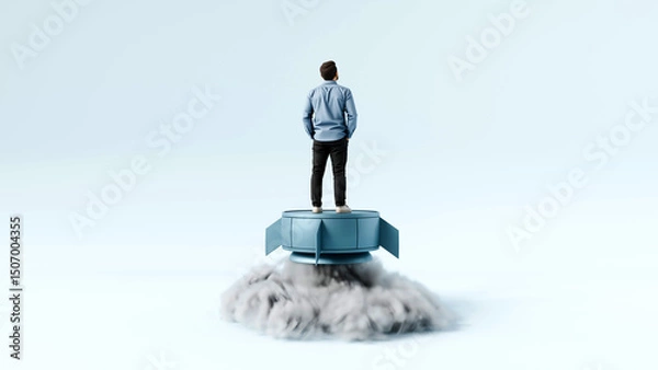 Obraz Confident Man Standing on Launching Rocket with Smoke - Startup, Business Launch, Ambition, and Future Success, 3D Render