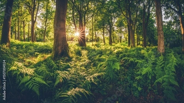 Fototapeta Golden Hour in the Verdant Forest: Sunlight Dappling Through Ancient Trees