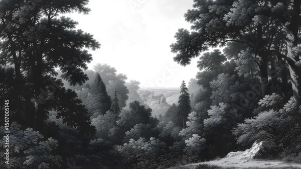 Fototapeta Serene Woodland Valley: A grayscale landscape depicting a tranquil valley nestled amongst lush woodland, creating a serene and contemplative atmosphere.  The valley opens to reveal a distant view.