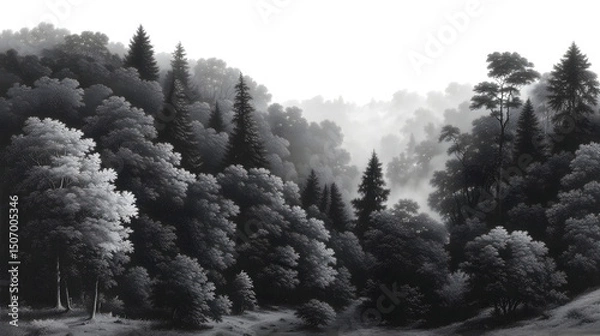 Fototapeta Monochromatic Forest Vista: A serene monochrome vista of a dense forest, where a mist-shrouded valley reveals a tapestry of trees, evoking a sense of peace.