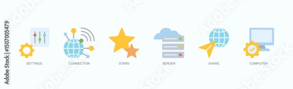 Obraz Connectivity And Control Icon Set Isolated Vector Illustration Concept With Icon Of Settings, Connection, Stars, Server, Share, Computer In Flat Style