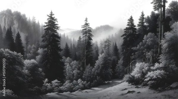Fototapeta Whispering Pines: An enchanting, atmospheric forest scene where the misty expanse of evergreen trees evokes tranquility and mystery, creating a monochrome woodland panorama.