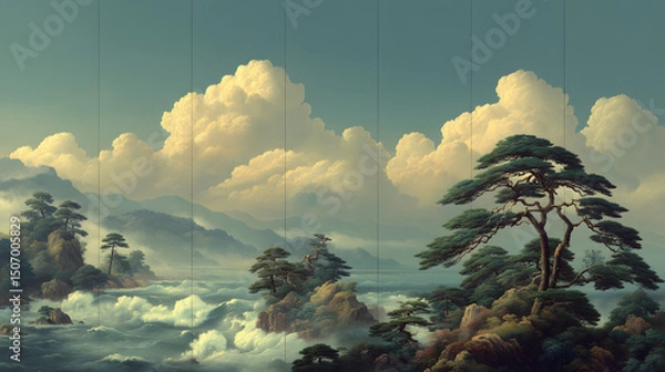 Fototapeta Serene Landscape: A tranquil, artistic depiction of a scenic view, with lush trees, dramatic cloud formations, and a tranquil ocean. The painting evokes serenity and natural beauty.