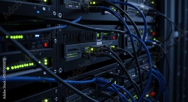 Fototapeta Data Center Server Rack with Cables and Lights