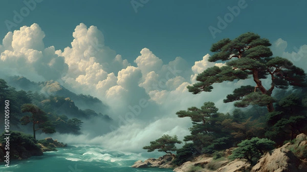 Fototapeta Serene Landscape Panorama: Capturing the majestic beauty of a natural landscape, this panorama features lush greenery and captivating mountain ranges, under a clear, light-filled sky.