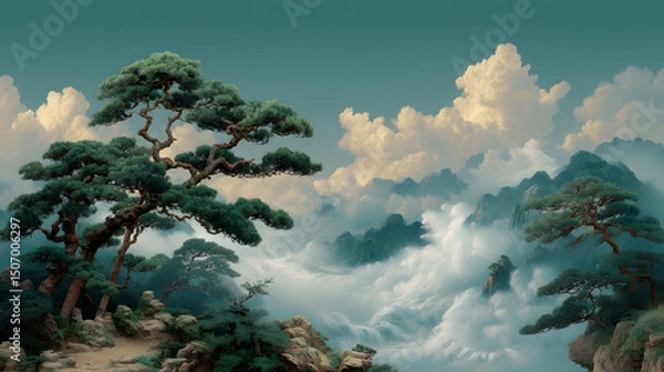 Fototapeta Serene Mountain Vista: Majestic trees stand silhouetted against a backdrop of rolling fog and towering mountain peaks, evoking a sense of tranquility and the enduring beauty of the natural world.