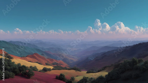 Fototapeta Rolling hills view: A breathtaking vista unveils a tapestry of rolling hills, painted with vibrant hues under a radiant azure sky, inviting viewers to immerse themselves in its tranquil beauty.