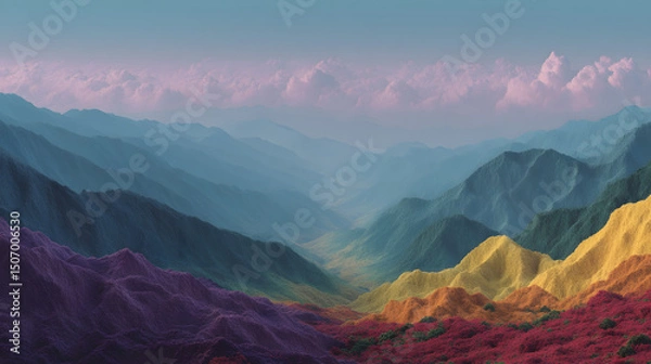 Fototapeta Rainbow Valley: An abstract rendering of majestic mountains, painted with a stunning array of colors, creates a mesmerizing valley scene beneath a sky of soft hues. 