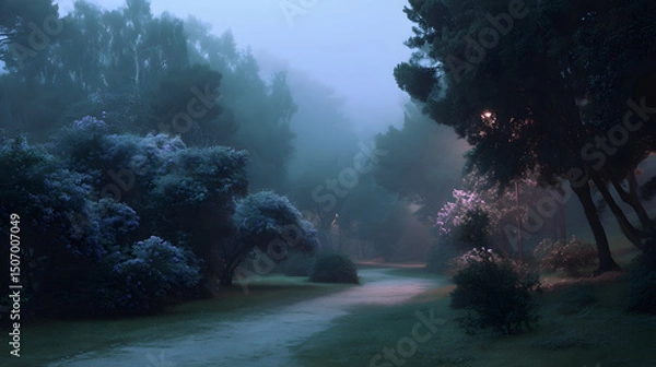 Fototapeta Mystical Morning Ambiance: An enchanting, misty landscape invites exploration, with a serene pathway winding through lush trees and foliage, evoking a sense of peace and mystery.