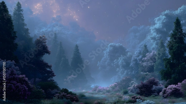 Fototapeta Mystical Forest Dreamscape: A tranquil, dreamlike landscape filled with ethereal mist and towering trees, bathed in soft, pastel hues that evoke a sense of serenity and wonder.