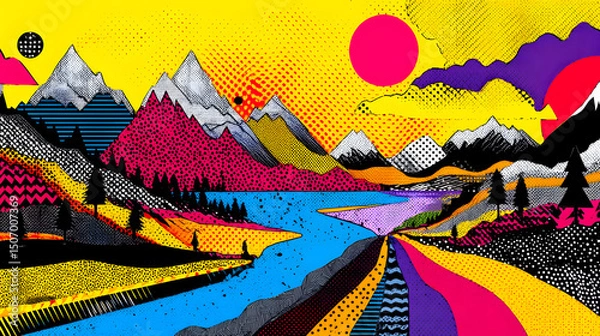 Fototapeta Vibrant Mountain Landscape: A captivating abstract illustration of a colorful mountain landscape. This artwork evokes a sense of wonder with its bold colors and creative style. 