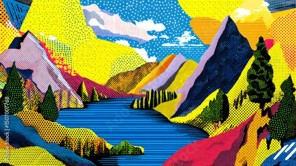 Fototapeta Vibrant Mountainscape: An artistic rendering of a mountain landscape, with rolling hills and a serene lake. the scene evokes a sense of adventure and wonder.