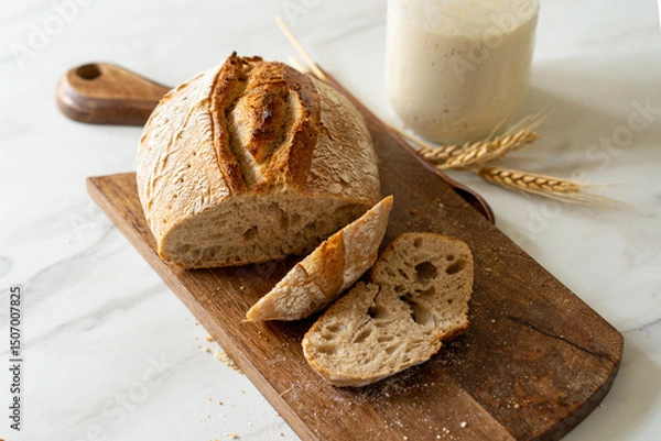 Obraz Crispy sourdough bread sits beside a glass jar filled with active starter, accompanied by a rustic cloth and a wooden board in a warm kitchen atmosphere.