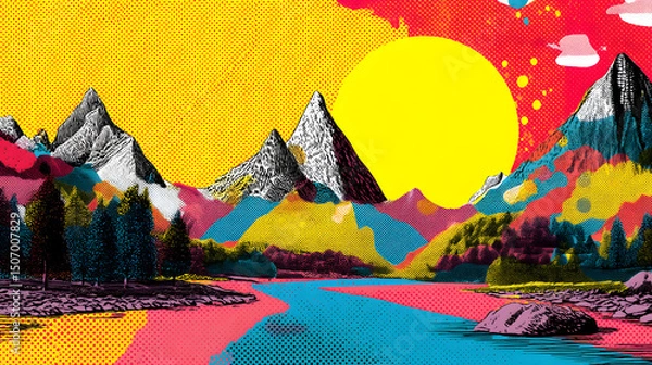 Fototapeta Vibrant Mountain Landscape: An artistic mountain landscape showcasing a vivid, eye-catching design, complete with colorful peaks, tranquil river, and a stylized sun.