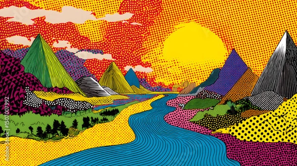 Fototapeta A Vibrant Mountain Panorama: A colorful, stylized landscape depicting a breathtaking view of mountains, a river, and a radiant sun.