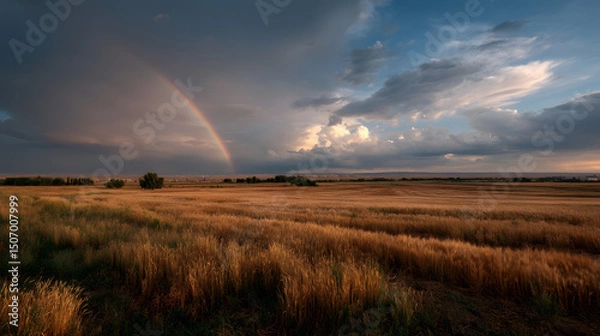 Fototapeta Rainbow's Embrace: A breathtaking landscape showcases a vivid rainbow arching across a sprawling field, symbolizing hope and the beauty of nature after a storm.