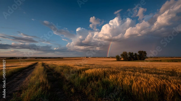 Fototapeta Golden Wheat Field with Rainbow: A breathtaking panoramic view of a wheat field bathed in golden sunlight, a captivating rainbow arcing across the sky.