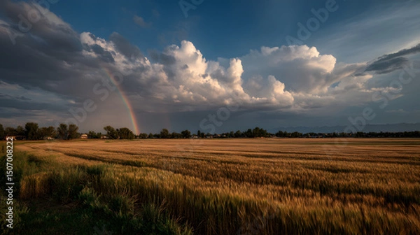 Fototapeta Rainbow's Embrace: A breathtaking rainbow arches gracefully over a tranquil field of golden wheat under a dramatic sky filled with clouds, painted with the stunning colors of a beautiful landscape.