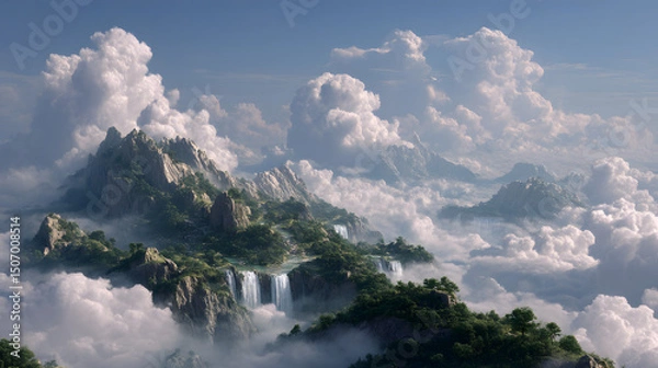 Fototapeta Majestic Mountainscape: A breathtaking vista of lush mountains peaks, and cascading waterfalls. The clouds embrace the summit, creating a stunning display.