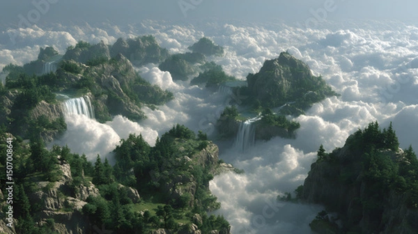 Fototapeta Dreamy Mountain Majesty: A breathtaking view showcases majestic mountains, enveloped in ethereal clouds. Waterfalls cascade down verdant slopes, painting a picture of untamed, pristine landscapes.