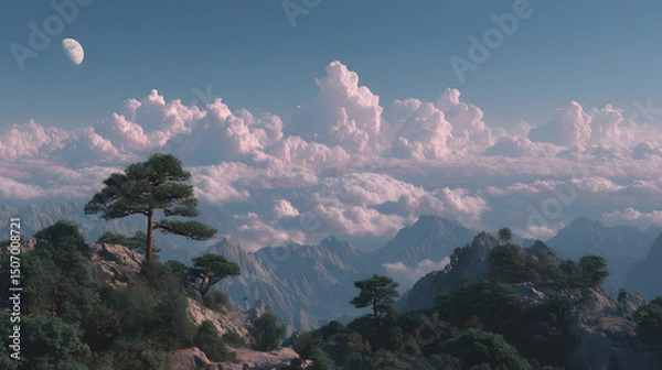 Fototapeta Serene Mountain Vista: A breathtaking vista unfolds, showcasing a majestic mountain range beneath a canvas of ethereal clouds and a gentle crescent moon, radiating tranquility and natural beauty.