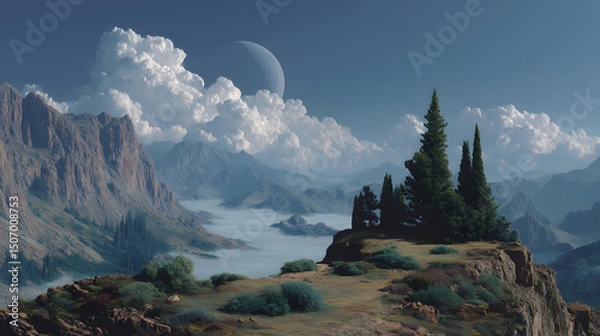 Fototapeta Celestial Vista: Breathtaking landscape of majestic mountains, serene lake, and wispy clouds, evokes a sense of tranquility. The moon rises, with fresh air and the sky turns beautiful.