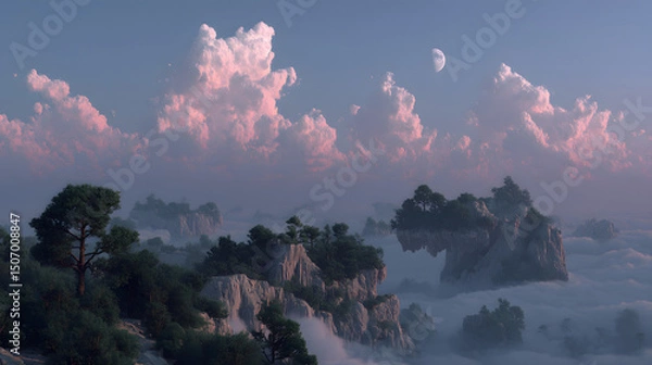 Fototapeta Serene Mountain Vistas: A captivating view of the sun's gentle touch casts a mesmerizing pastel hue across the sky, the silhouette of the mountains becomes a testament to nature's artistry.
