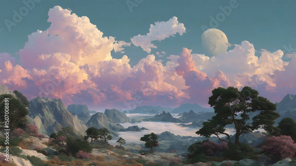 Fototapeta Celestial Realm: A breathtaking panoramic vista unfolds, revealing an ethereal landscape where pastel-colored clouds dance across a canvas of serene mountains and a captivating full moon. 