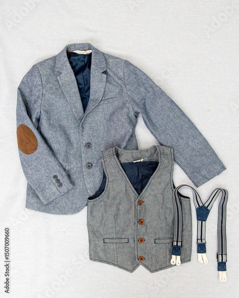 Fototapeta Formal cotton set for the young gentleman in grey color. Jacket with elbow patches, vest and suspenders. Size 128 (6-8 years).