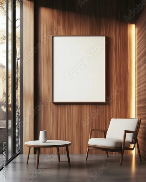 Fototapeta lounge space with wooden side panels and a blank white frame on central wall, soft ambient daylight, stock-friendly clarity, high resolution, clean gradients