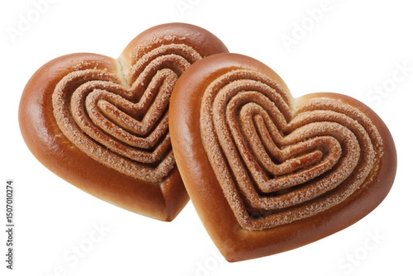 Fototapeta Heart shaped cinnamon sugar buns isolated on transparent background for bakery and Valentine’s theme.