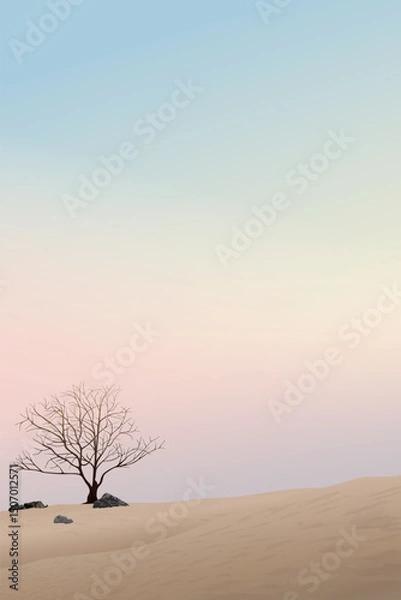 Obraz Silhouette deciduous tree in the middle of dried land with vanilla sky vertical background graphic illustration have blank space.