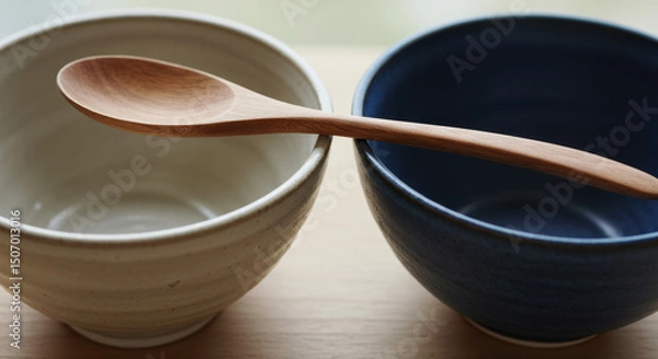 Fototapeta Empty ceramic bowls and wooden spoon