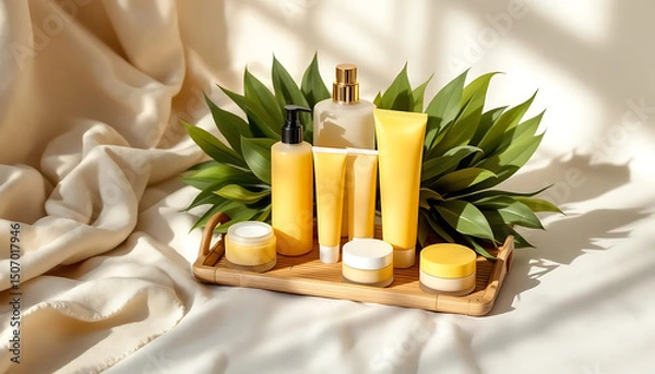 Fototapeta Yellow Skincare Collection on Bamboo Tray with Green Leaves