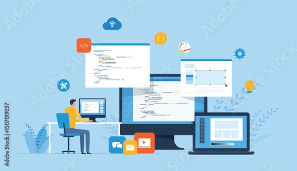 Fototapeta flat vector illustration  web design and web application design process concept. with a web designer and developer programmer team working. 