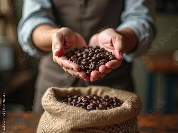 Fototapeta  Man grasping and releasing coffee beans with some falling back into a burlap sack while the background subtly blurs, photorealistic style with warm