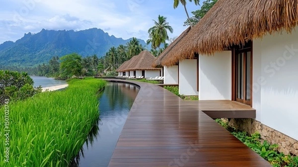 Obraz Luxury Tropical Resort Boardwalk Thatched Bungalows and Reflecting