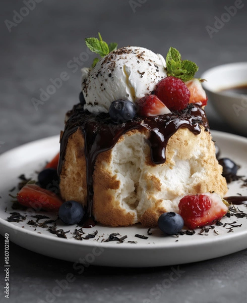 Obraz Flying Dessert Scene With Cr?me Horns, Berries, and Whipped Cream Splash