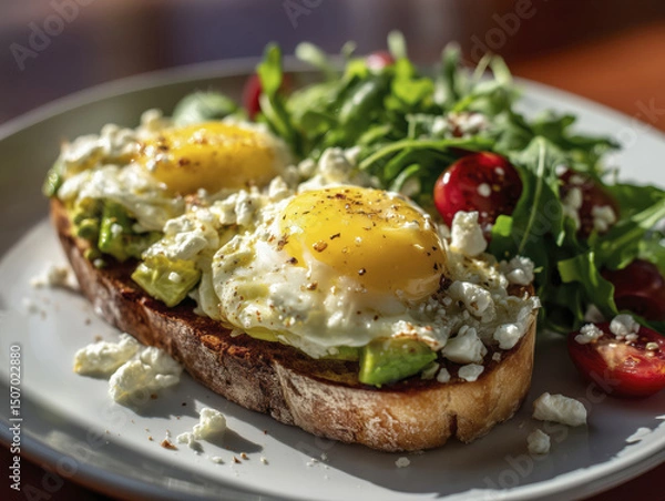 Obraz Healthy Breakfast Plate with Avocado, Poached Egg, and Feta Salad