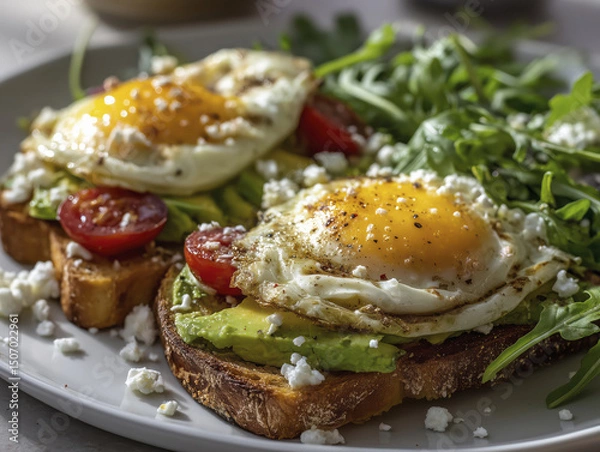 Obraz Healthy Breakfast Plate with Avocado, Poached Egg, and Feta Salad