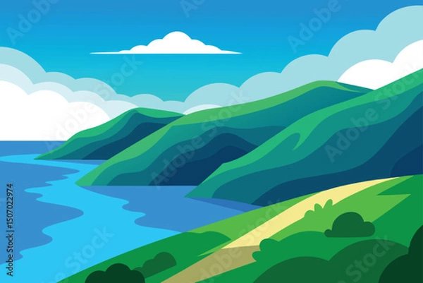 Fototapeta Serene Coastal Mountain Landscape Illustrated View of Ocean and Rolling Hills