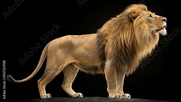 Fototapeta I will generate a full-body studio portrait of a magnificent male lion standing in profile against a stark black background. The lion boasts a full, golden-brown mane that frames 