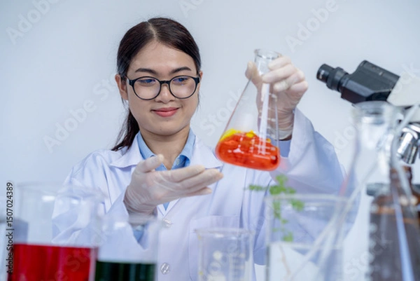Fototapeta Female scientist working with test tubes in a laboratory, concept of scientific research and innovation