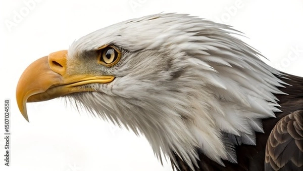Fototapeta I will generate a close-up photograph of a majestic bald eagle's head in profile view, sharply focused against a plain white background. The eagle displays its iconic white head feathers, dark brown b