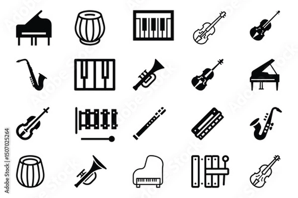 Obraz Set of musical instuments Guitar,Violin,Viola,Cello,Double Bass,Drum Set,Snare Drum,Bass Drum,Piano,Keyboard,Saxophone,Flute icon vector illustration on white background.