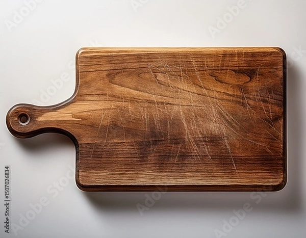 Fototapeta worn wooden cutting board with handle displaying surface texture and scratches on clear backdrop
