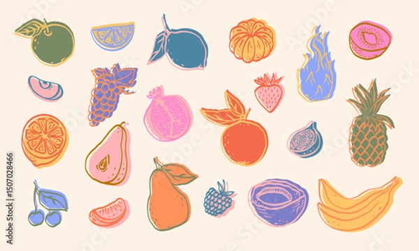 Obraz Hand drawn colorful fruits and berries sketch vector illustration. Dragon fruit, lemon, banana, pineapple, coconut, citrus, banana, fig, apple, grape, pomegranate, fig, strawberry. Minimal art.