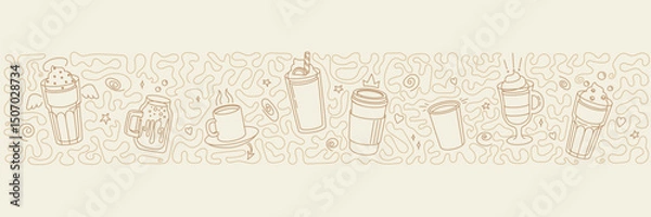 Fototapeta Light horizontal cafe banner with coffee cups in line art style, vector illustration